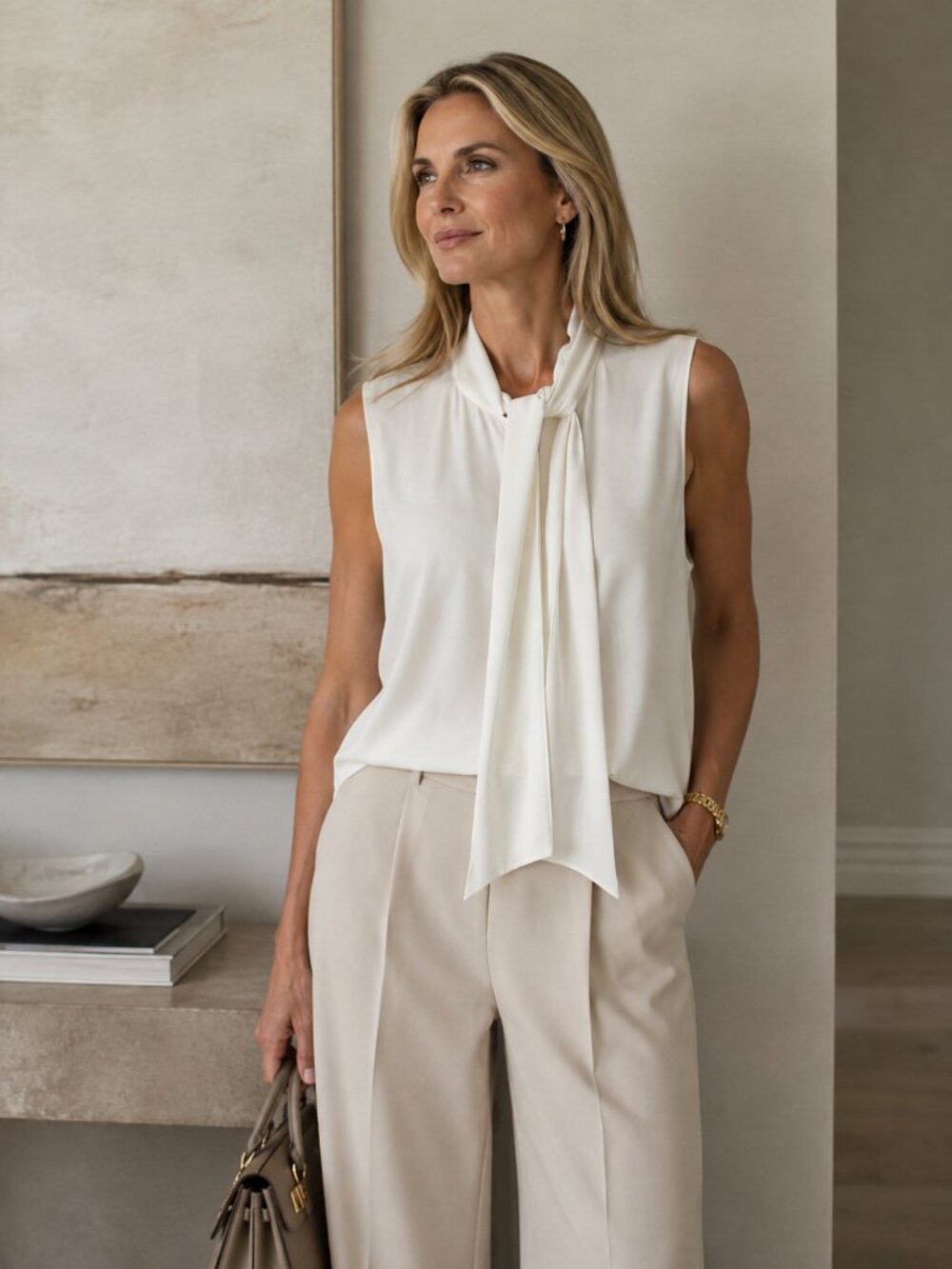 ELIE TAHARI Cream Tie Neck Sleeveless Blouse Career Luxury Chic Old Money M